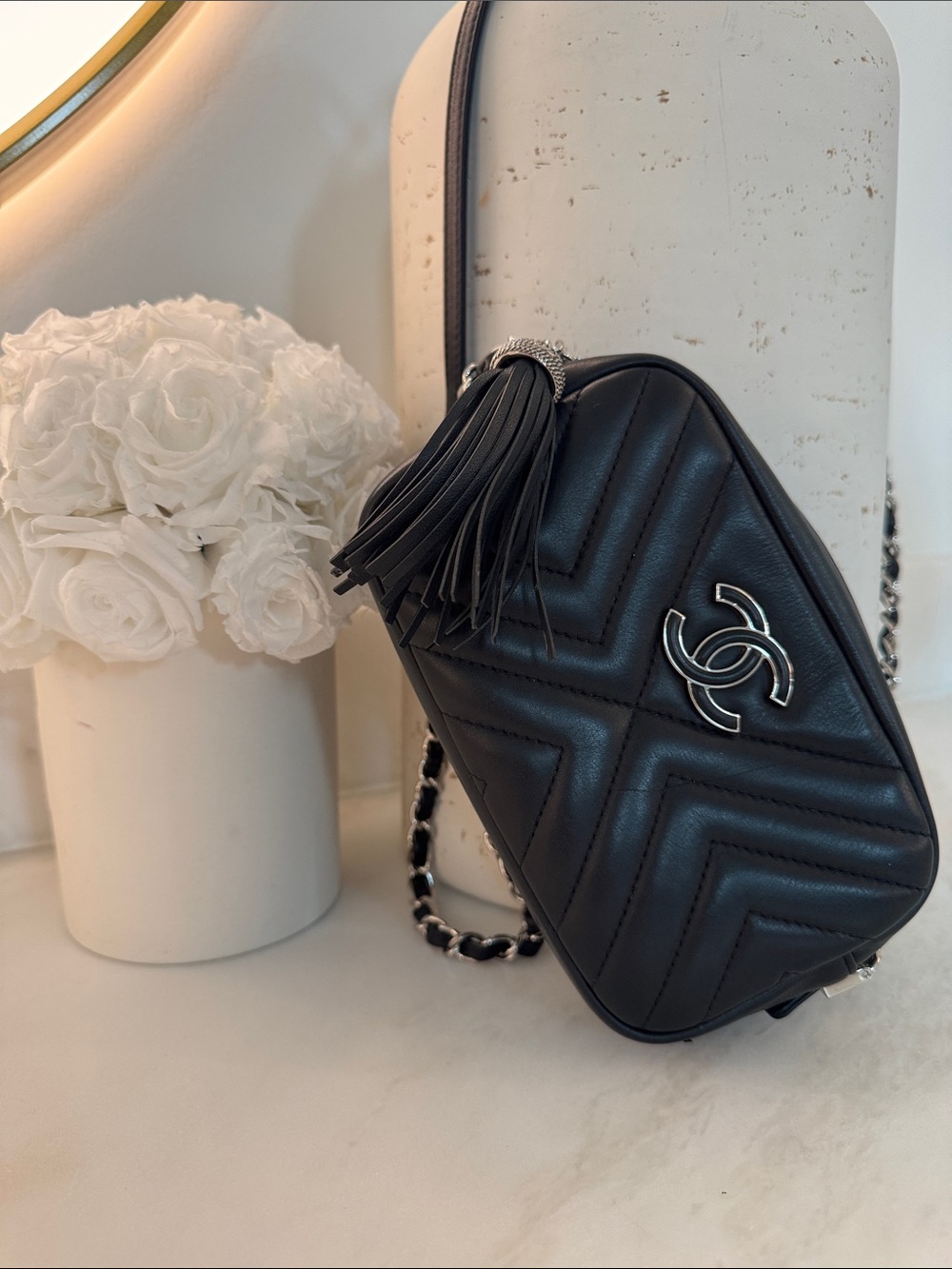 CHANEL Black Quilted Camera Crossbody with Chain & Tassel